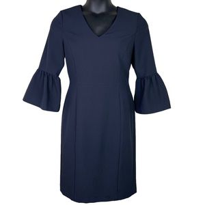 Emerson Rose Ruffled Bell Sleeve V Neck Fitted Sheath Dress Navy Blue Size 10